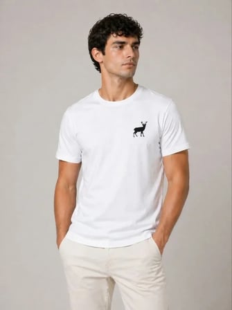USLUCAN ALIŞVERİŞ Erkek Minimal Geyik Logolu Tişört Bisiklet Yaka Kısa Kol Yazlık T-Shirt - Beyaz