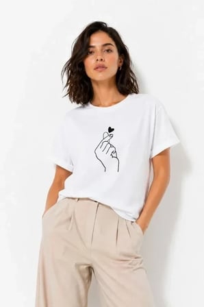 Kore Parmak Kalp Aşk Temalı Minimal Baskılı Tişört Yazlık Kısa Kol T-Shirt  - Beyaz