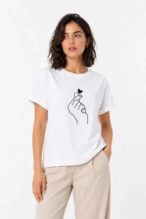 Kore Parmak Kalp Aşk Temalı Minimal Baskılı Tişört Yazlık Kısa Kol T-Shirt  - Beyaz