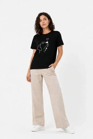 USLUCAN ALIŞVERİŞ Köpek Figürlü Minimal Baskılı Tişört Kısa Kol Yazlık T-Shirt - Siyah
