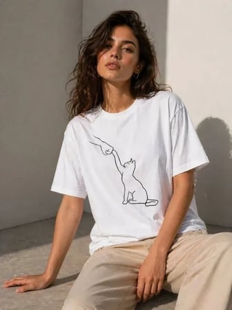 Minimal Kedi Çizim Baskılı Tişört Kısa Kol Yazlık T-Shirt - Beyaz