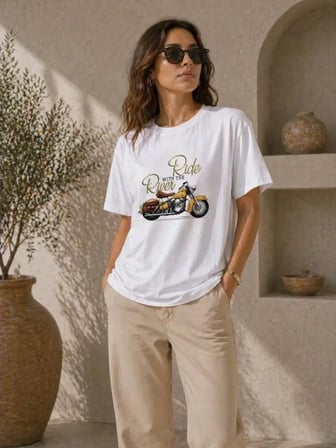 USLUCAN ALIŞVERİŞ Motosiklet Baskılı Tişört Bisiklet Yaka Kısa Kol Yazlık T-Shirt - Beyaz