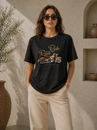 USLUCAN ALIŞVERİŞ Motosiklet Baskılı Tişört Bisiklet Yaka Kısa Kol Yazlık T-Shirt - Siyah