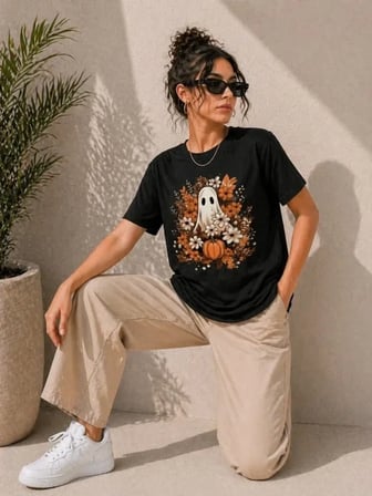 USLUCAN ALIŞVERİŞ Balkabağı Hayalet Baskılı Tişört Kısa Kol Yazlık T-Shirt - Siyah