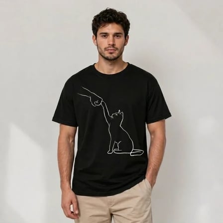 USLUCAN ALIŞVERİŞ Erkek Minimal Kedi Çizim Baskılı Tişört Kısa Kol Yazlık T-Shirt - Siyah
