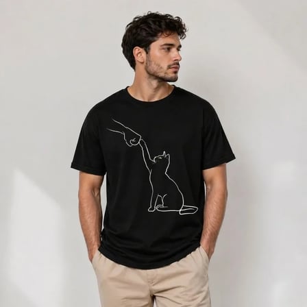 USLUCAN ALIŞVERİŞ Erkek Minimal Kedi Çizim Baskılı Tişört Kısa Kol Yazlık T-Shirt - Siyah