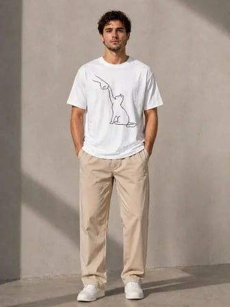 USLUCAN ALIŞVERİŞ Erkek Minimal Kedi Çizim Baskılı Tişört Kısa Kol Yazlık T-Shirt - Beyaz
