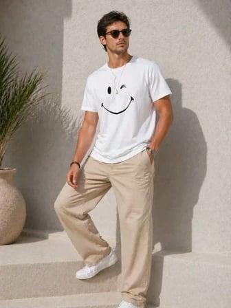 USLUCAN ALIŞVERİŞ Erkek Minimal Gülümseyen Yüz Baskılı Tişört Kısa Kol Yazlık T-Shirt - Beyaz