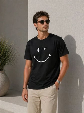 USLUCAN ALIŞVERİŞ Erkek Minimal Gülümseyen Yüz Baskılı Tişört Kısa Kol Yazlık T-Shirt - Siyah