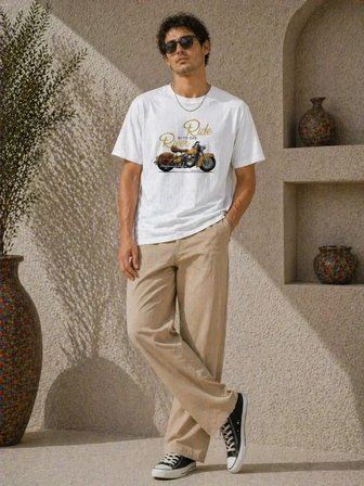 USLUCAN ALIŞVERİŞ Erkek Motosiklet Baskılı Tişört Bisiklet Yaka Kısa Kol Yazlık T-Shirt - Beyaz