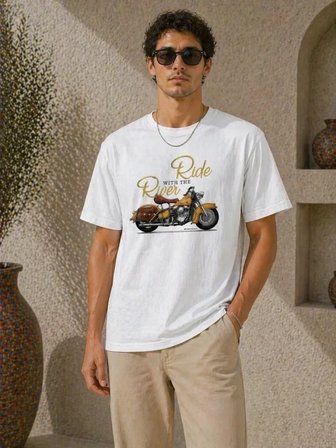 USLUCAN ALIŞVERİŞ Erkek Motosiklet Baskılı Tişört Bisiklet Yaka Kısa Kol Yazlık T-Shirt - Beyaz