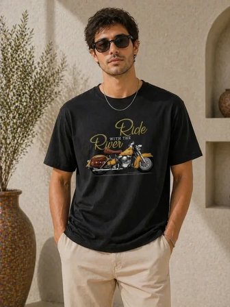 USLUCAN ALIŞVERİŞ Erkek Motosiklet Baskılı Tişört Bisiklet Yaka Kısa Kol Yazlık T-Shirt - Siyah