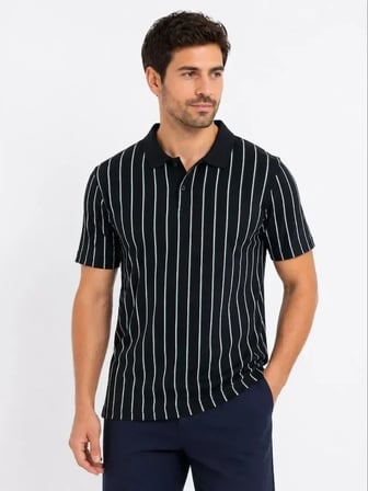 Erkek Pike Kumaş Çizgili Polo Yaka Tişört Kısa Kol Yazlık T-Shirt - Siyah