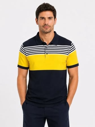 USLUCAN ALIŞVERİŞ Erkek Pike Kumaş Çizgili Polo Yaka Tişört Kısa Kol Yazlık T-Shirt - Lacivert