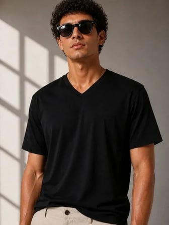 Erkek V Yaka Basic Tişört Kısa Kol Yazlık Regular Fit T-Shirt - Siyah