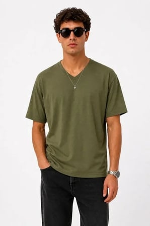 Erkek V Yaka Basic Tişört Kısa Kol Yazlık Regular Fit T-Shirt - Haki