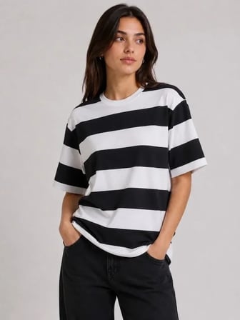 Çizgili Oversize Tişört Bisiklet Yaka Kısa Kol Yazlık T-Shirt - Siyah