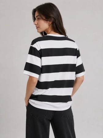 Çizgili Oversize Tişört Bisiklet Yaka Kısa Kol Yazlık T-Shirt - Siyah