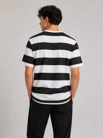 Erkek Çizgili Oversize Tişört Bisiklet Yaka Kısa Kol Yazlık T-Shirt - Siyah