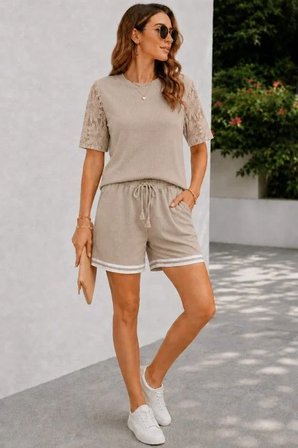 Kadın Kısa Kollu Bisiklet Yakalı Waffle Bluz Ve Short Ikili Takım