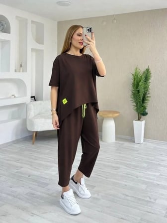 Kadın Kısa Kollu Bisiklet Yaka Viskon Iki Iplik Bluz Ve Pantolon Ikili Takım