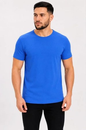 Erkek Basic Tişört Bisiklet Yaka Kısa Kol Günlük Yazlık Slim Fit T-Shirt - Saks Mavisi