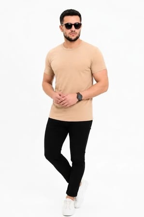 Erkek Basic Tişört Bisiklet Yaka Kısa Kol Günlük Yazlık Slim Fit T-Shirt - Bej