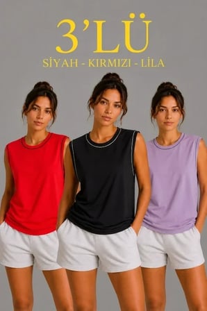 3’lü Kolsuz Sporcu Atlet Seti Yazlık Bisiklet Yaka - Siyah, Kırmızı, Lila