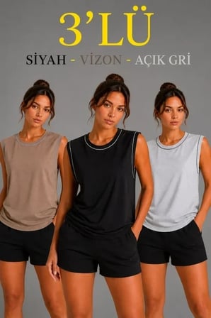 3’lü Kolsuz Sporcu Atlet Seti Yazlık Bisiklet Yaka - Siyah, Kahverengi, Gri