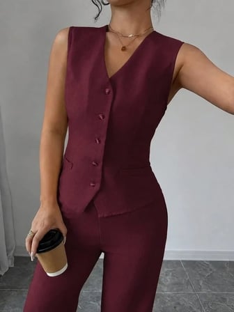 Kadın Askılı önden Düğmeli Bluz Ve Pantolon Keten Ikili Takım