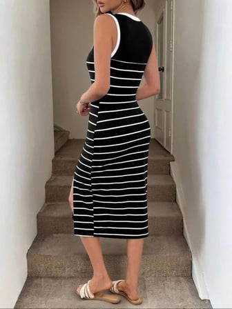 Kadın Askılı Yuvarlak Yaka şerit Detaylı Yırtmaçlı Midi Triko Elbise