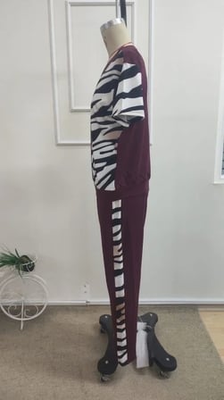 Kadın Kısa Kollu Bisiklet Yaka Zebra Desen Bluz Ve Pantolon Ikili Takım