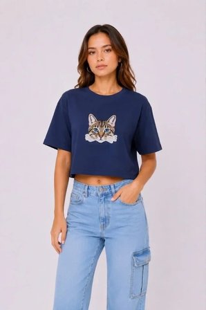 Kedi Baskılı Oversize Crop Tişört Salaş Basic Yarım Kol T-shirt - Lacivert