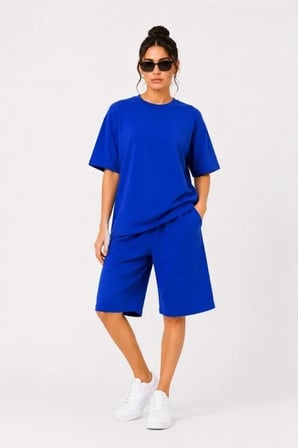 Alt Üst Takım İki İplik Kumaş Bisiklet Yaka Tişört Cepli Diz Altı Şort - Saks Mavisi