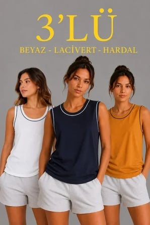 3’lü Kolsuz Sporcu Atlet Seti Yazlık Bisiklet Yakalı - Beyaz, Lacivert, Hardal