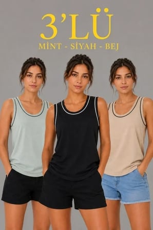 3’lü Kolsuz Sporcu Atlet Seti Yazlık Bisiklet Yakalı - Mint Yeşili, Siyah, Bej