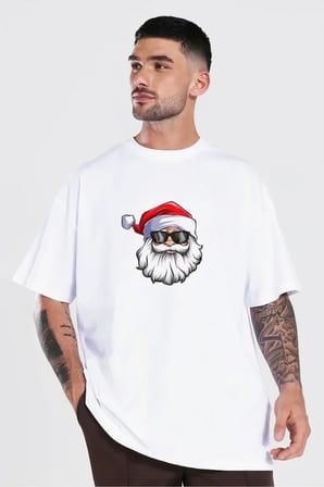 Yılbaşı Gözlüklü Noel Baba Baskılı Kısa Kollu Oversize Bisiklet Yaka T-shirt - Beyaz