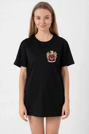 Türk Arma Baskılı Oversize Bisiklet Yaka Günlük T-shirt - Siyah