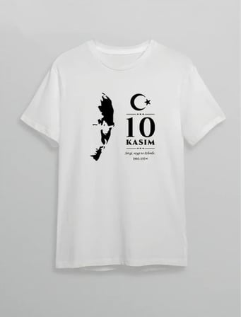 10 Kasım Atatürk Anma Günü Silüet Baskılı Oversize Bisiklet Yaka T-shirt - Beyaz