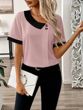 Kadın Kısa Kollu Asımetrik Yaka Detaylı Düğmeli Dubai Bluz