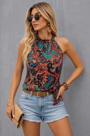 Kadın Boyundan Halkalı Reglan Kollu Yandan Bağcıklı Desenli Süprem Bluz