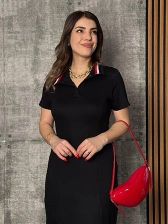 Kadın Kısa Kollu Yakalı Yırtmaçlı Midi Viskon Iki Iplik Elbise