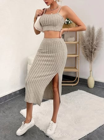 Kadın Kolsuz Askılı Crop Yırtmaçlı Midi Etek Fitilli Kaşkorse Takım