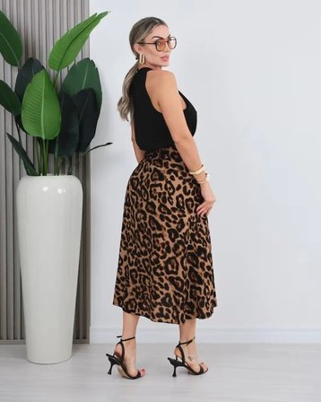 Kadın önden Bağlamalı Leopar Desenli Süprem Uzun Etek