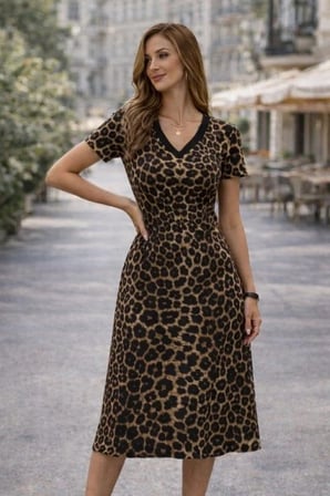 Kadın Kısa Kollu V Yakalı Leopar Desenli Kısa Süprem Elbise