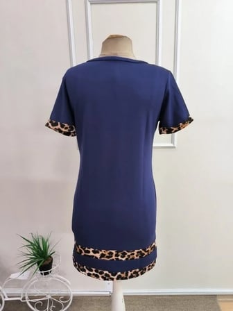 Kadın Kısa Kollu Bisiklet Yaka Leopar şerit Detaylı Kısa Modal Elbise