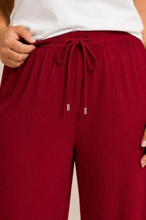 Battal Beden Bürümcük Kumaş Beli Lastikli Bağcıklı Bol Paça Palazzo Pantolon - Bordo