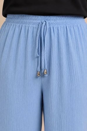 Battal Beden Bürümcük Kumaş Beli Lastikli Bağcıklı Bol Paça Palazzo Pantolon - Bebek Mavisi