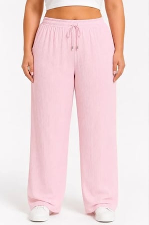 Battal Beden Bürümcük Kumaş Beli Lastikli Bağcıklı Bol Paça Palazzo Pantolon - Pembe