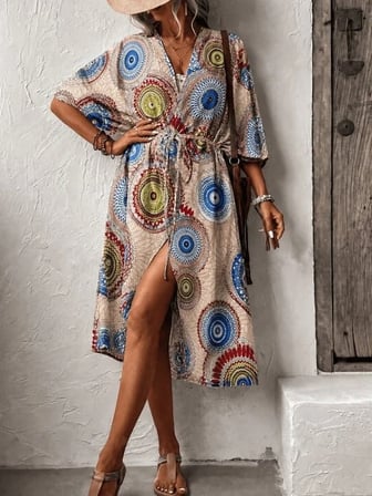 Kadın Kısa Kollu önü Açık Belden Kuşaklı Uzun Kimono